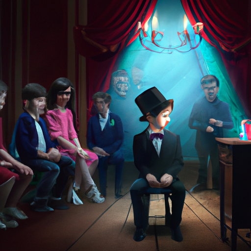1. תצלום של קוסם מבצע טריק בפני קהל של ילדים נדהמים.